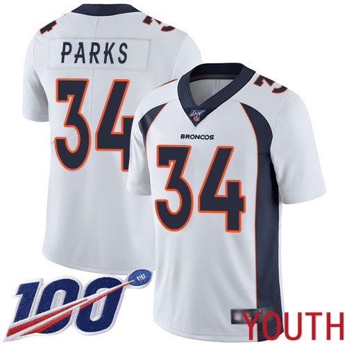 Youth Denver Broncos #34 Will Parks White Vapor Untouchable Limited Player 100th Season Football NFL Jersey